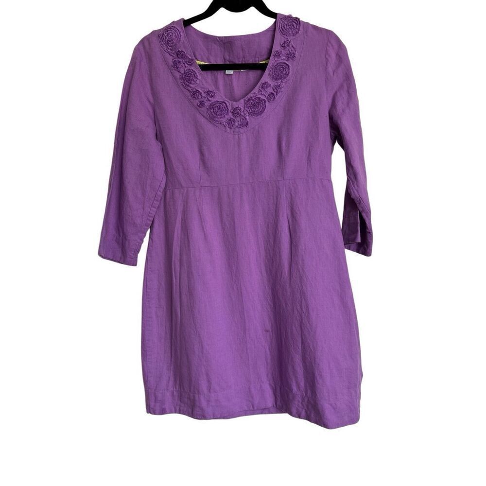 Boden Dress Womens Size 6 Purple Floral Applique 3/4 Sleeve Tunic Casual